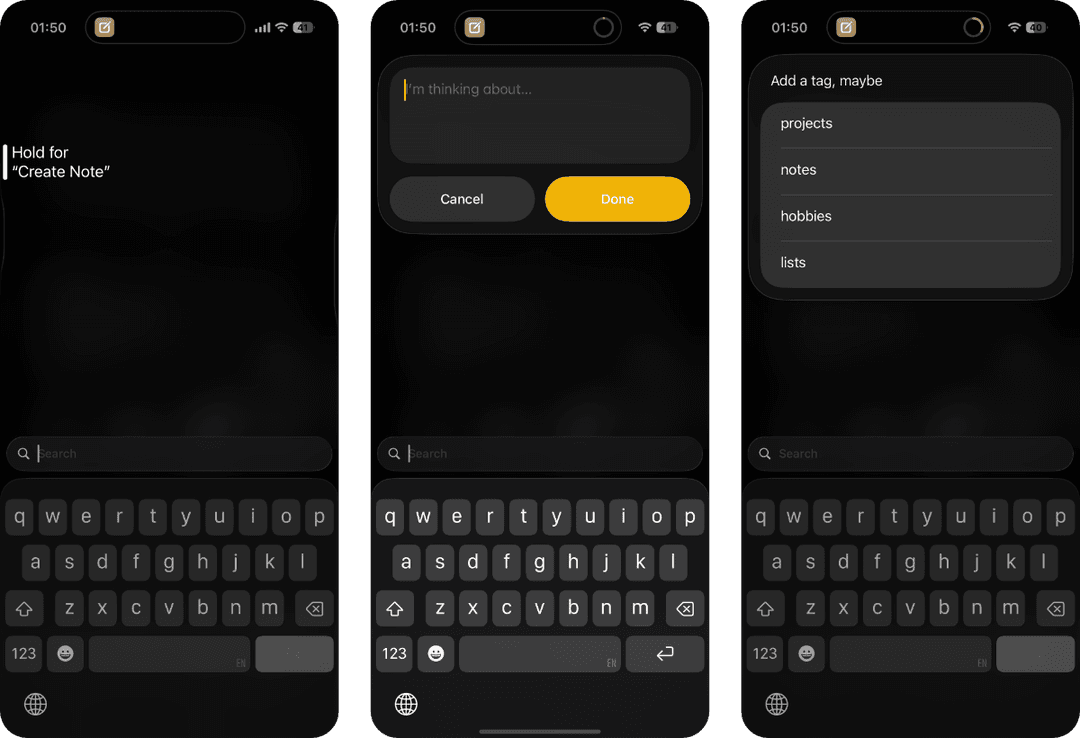 Apple Shortcuts workflow to create a new note.