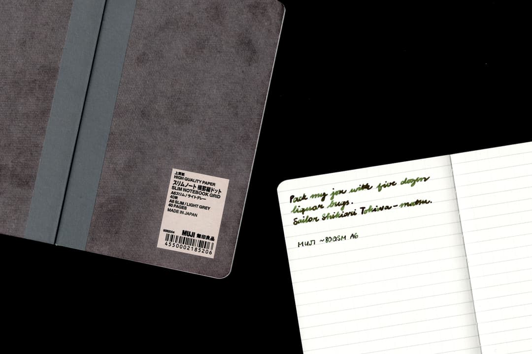 MUJI notebook and interior with sample writing sample.